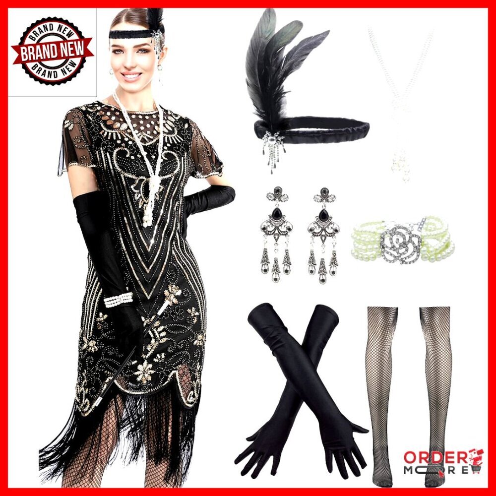 Sequin Fringe Flapper Dress with Accessories Set for Gatsby Party